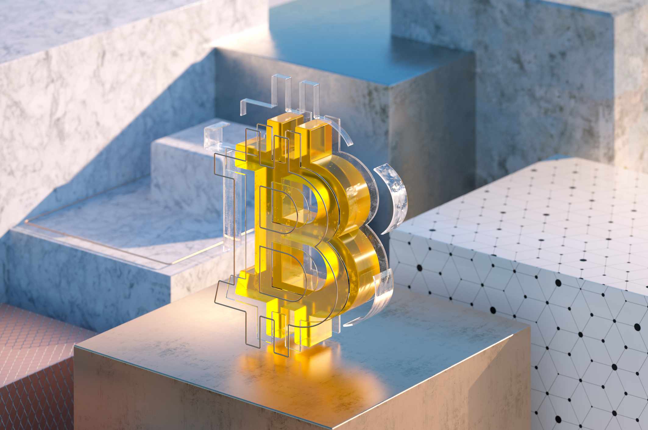A close-up, 3D, multilayered bitcoin sign standing on a golden cube