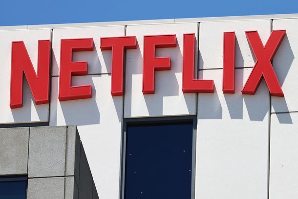 The Netflix logo on a company building.
