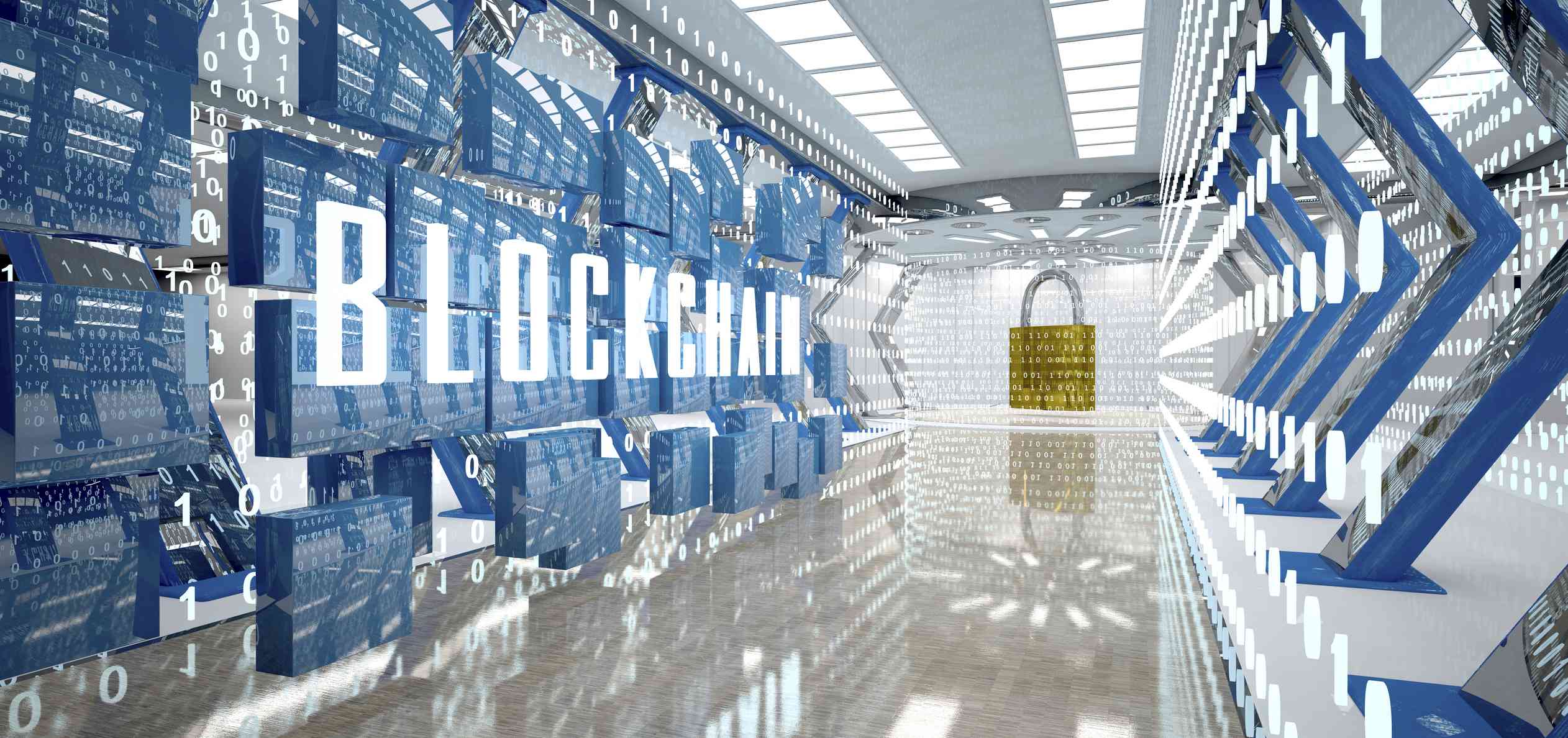 Digital room with padlock and word blockchain.