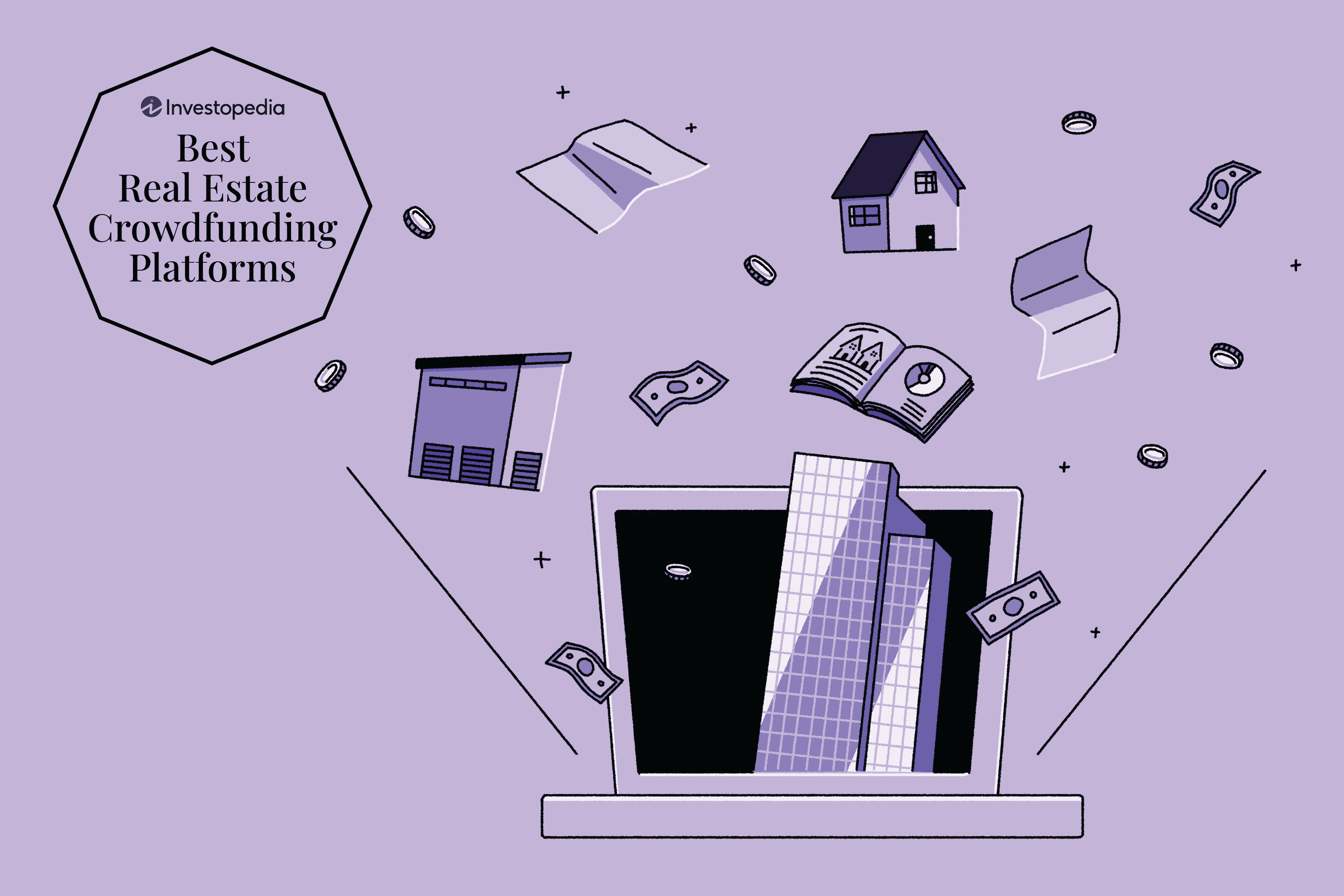 Custom image shows a purple background with several images of a house, a book, cash, coins, a computer, documents. On the top left it says "Investopedia Best Real Estate Crowdfunding Platforms, 2024."